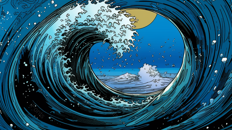 蓝色夜晚海洋卷起巨浪海浪海水漩涡抽象幻想插画,插画/手绘图,插画/手绘图库,插画/手绘图下载,插画/手绘